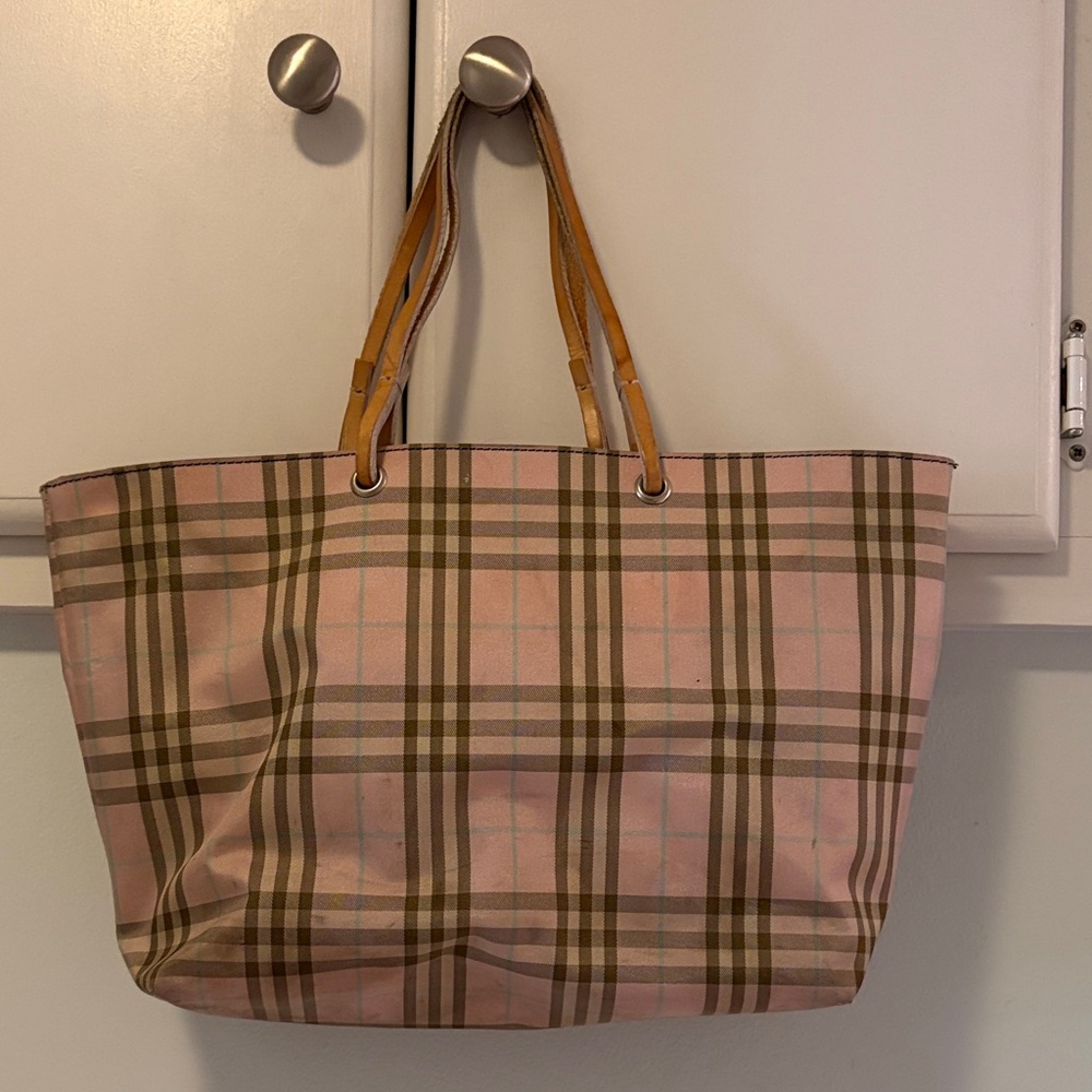 Burberry Pink and Brown Plaid Canvas Tote